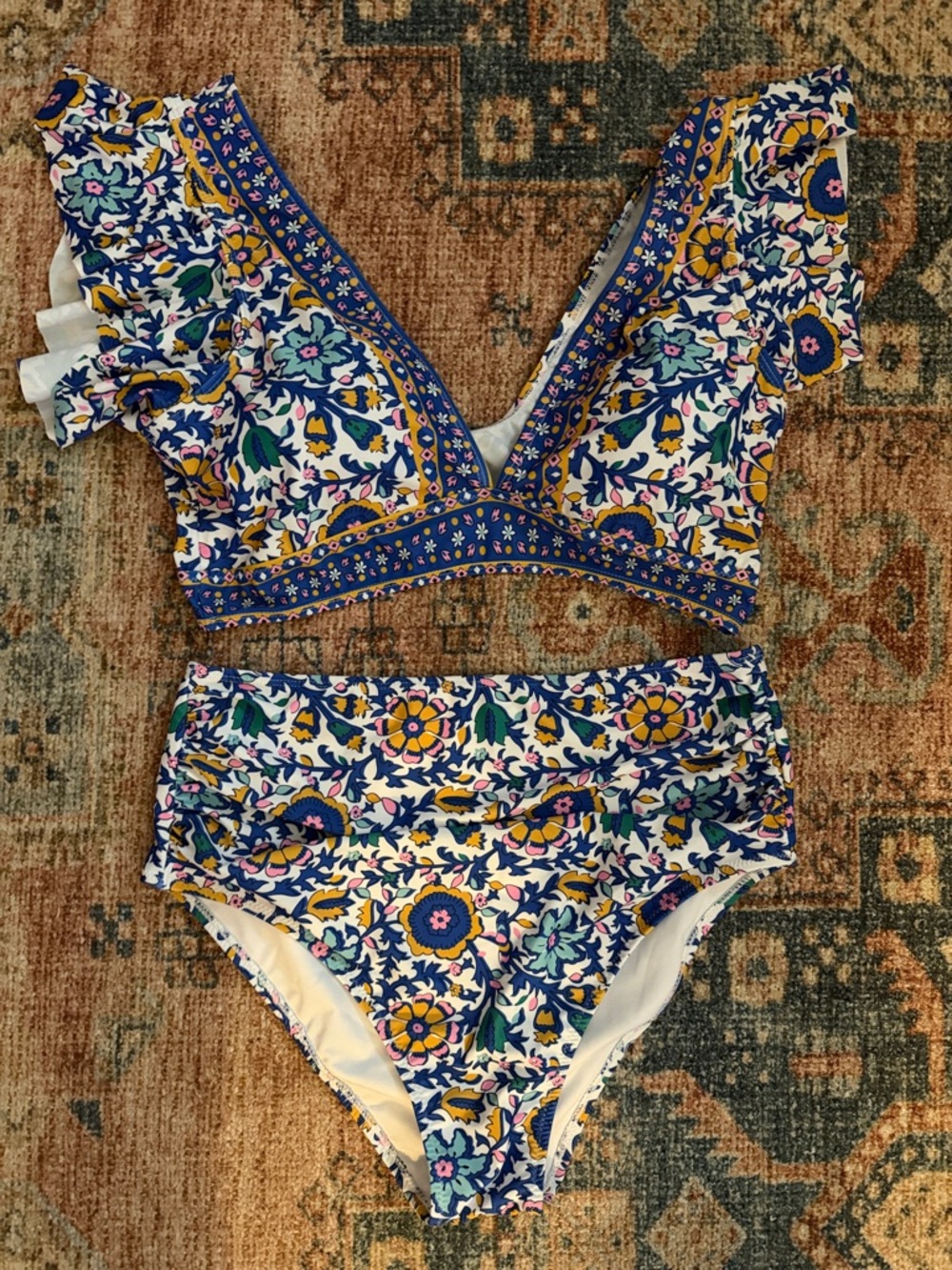 Amazon Floral High-Waist Ruffle Bikini in Blue, Yellow & White